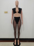 Women Summer Black Sexy Square Neck Sleeveless High Waist Solid Mesh See Through Skinny Two Piece Pants Set