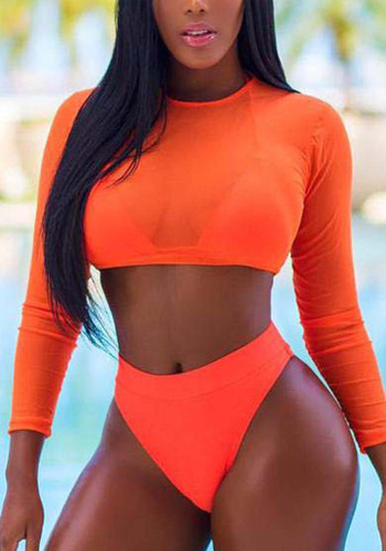 Women Orange Cover-Up Halter Solid Long Sleeve 3 Piece Swimsuit