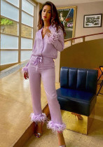 Женская весенняя фиолетовая пуговица с перьями из двух частей пижамного комплекта