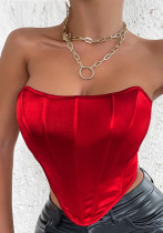 Women Summer Red Strapless Solid Short Crop Tops
