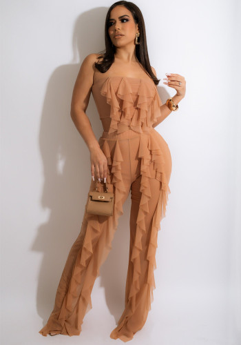 Women Summer Apricot Sexy Strapless Sleeveless High Waist Solid Mesh Ruffles Loose Two Piece Pants Set