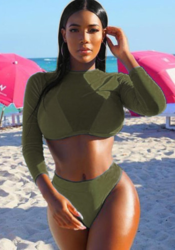 Women Green Cover-Up Halter Solid Long Sleeve 3 Piece Swimsuit