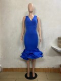 Women Summer Blue Sexy V-neck Sleeveless Solid Ruffles Layered Midi Dress