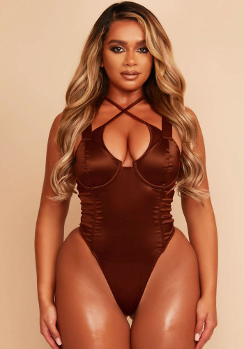 Women Summer Brown Sexy Halter Solid Bodysuit