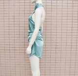 Women Summer Green Sexy Halter Sleeveless Satin Mini Bodycon Dress