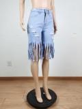 Women Summer Blue Fringed Ripped Jeans Shorts