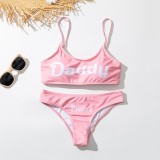Women Pink Bikini Letter Print Straps Two Piece Swimwear