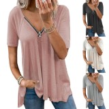 Women Summer Pink Casual V-neck Short Sleeves Solid Zippers Long T-Shirt