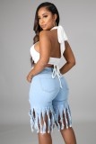 Women Summer Blue Fringed Ripped Jeans Shorts