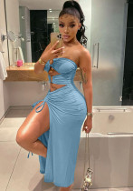 Frauen Sommer Blau Sexy Off-the-Schulter aushöhlen Schlitz langes Kleid