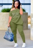 Women Summer Green Casual Slash Neck Short Sleeves Letter Print Button Top Plus Size Two Piece Pants Set