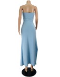 Women Summer Blue Sexy Off-the-shoulder Hollow Out Slit Long Dress