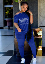 Women Summer Blue Casual Slash Neck Short Sleeves Letter Print Button Top Plus Size Two Piece Pants Set