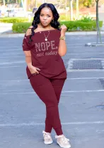 Women Summer Burgunry Casual Slash Neck Short Sleeves Letter Print Button Top Plus Size Two Piece Pants Set