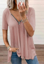 Camiseta larga con cremalleras sólidas de manga corta con cuello en V informal rosa de verano para mujer