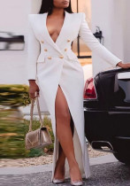 Bayan Bahar Beyaz Uzun Kollu V Yaka Düğmeli Takım Tipi Uzun Elbise