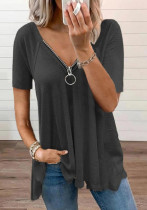 Camiseta larga de manga corta con cuello en V informal negra de verano para mujer con cremalleras sólidas