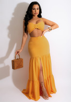 Women Summer Yellow Sexy Sleeveless Crop Top Solid Slit Long DressTwo Piece Set