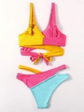 Women Pink Bikini Color Blocking Two Piece Swimwear