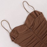 Women Summer Brown Sexy Straps Ruffles Midi Bodycon Dress