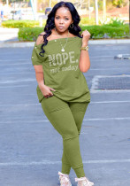 Women Summer Green Casual Slash Neck Short Sleeves Letter Print Button Top Plus Size Two Piece Pants Set