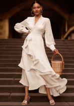 Kadın Bahar Beyaz Tatlı V Yaka Tam Kollu Katı Kuşaklı Katmanlı Maksi Elbise
