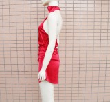Women Summer Red Sexy Halter Sleeveless Solid Satin Mini Bodycon Dress