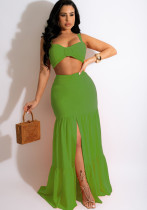 Women Summer Green Sexy Sleeveless Crop Top Solid Slit Long DressTwo Piece Set
