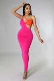 Women Summer Rose Sexy Color Blocking Hollow Out Maxi Dress