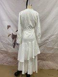 Women Spring White Sweet V-neck Full Sleeves Solid Belted Layered Maxi Dress