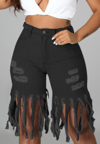 Women Summer Black Fringed Ripped Jeans Shorts