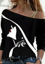 Camiseta con estampado de personaje de manga larga con cuello oblicuo sexy negro de primavera para mujer