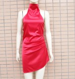 Women Summer Red Sexy Halter Sleeveless Solid Satin Mini Bodycon Dress
