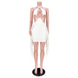 Women Summer White Sexy Halter Sleeveless Solid Hollow Out Mini Club Dress