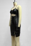 Women Summer Black Sexy Halter Sleeveless Solid PU Leather Pleated Mini Club Dress
