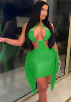 Women Summer Green Sexy Halter Sleeveless Solid Tassel Mini Club Dress