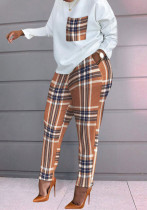 Women Spring Printed Casual O-Neck Full Sleeves Plaid Print Two Piece Pants Set