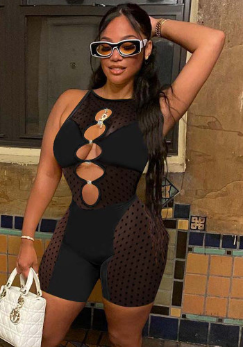 Women Summer Black Sexy O-Neck Sleeveless Dot Print Hollow Out Skinny Rompers