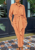 Women Spring Orange Modest Turn-down Collar Full Sleeves Solid Slit Midi Dress