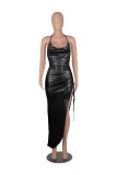 Women Summer Black Sexy Strap Sleeveless Solid Metallic Pleated Asymmetrical Club Dress