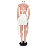Women Summer White Sexy Halter Sleeveless Solid Hollow Out Mini Club Dress