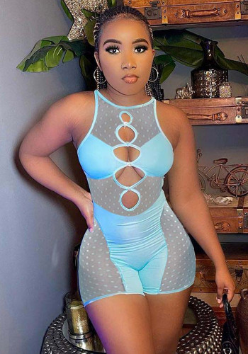 Women Summer Blue Sexy O-Neck Sleeveless Dot Print Hollow Out Skinny Rompers