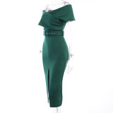 Women Spring Green Formal Strapless Front Slit Belted Midi Party Dress