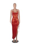 Women Summer Red Sexy Halter Sleeveless Solid Metallic Pleated Asymmetrical Club Dress