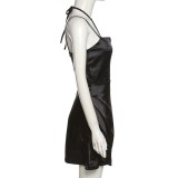 Women Summer Black Sexy Strap Sleeveless Solid Satin Mini Club Dress