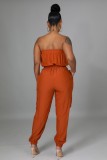 Women Summer Orange Casual Strapless Solid Belted Loose Jumpsuit