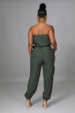 Women Summer Green Casual Strapless Solid Belted Loose Jumpsuit