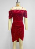 Women Summer Red Sexy Strap Solid Velvet Pleated Asymmetrical Club Dress