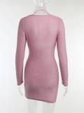 Women Spring Pink Romantic V-neck Full Sleeves Solid Pleated Mini Club Dress