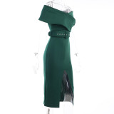 Women Spring Green Formal Strapless Front Slit Belted Midi Party Dress